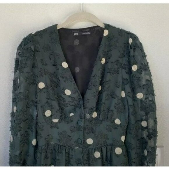 Zara Emerald Green Sheer Textured Polka Dot Dress Medium Limited Edition - Picture 5 of 16